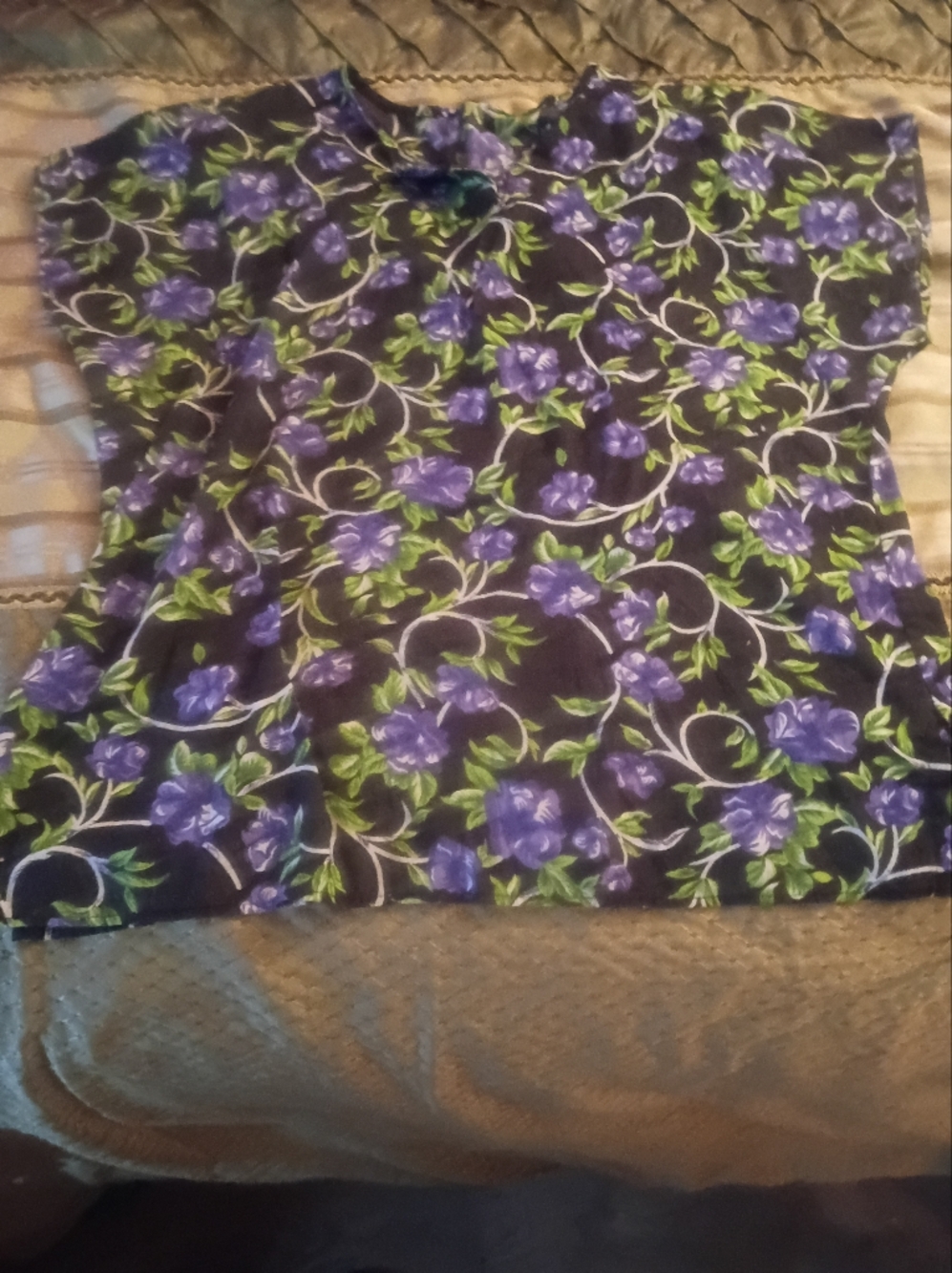 Black Floral Top with Purple Flowers Vintage